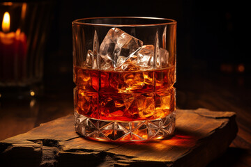 A whiskey glass with a large ice cube, filled with a smoky whiskey, set against a deep, rich mahogany background.
