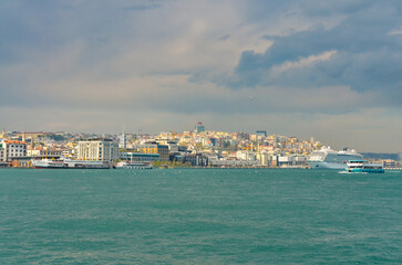 Bosporus and Beyoglu district of Istanbul scenic view from Eminonu pier