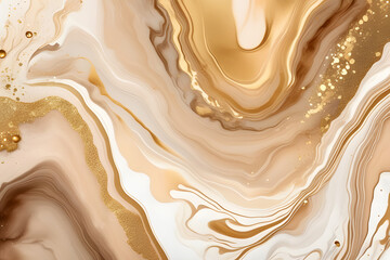 Chocolate in a glass cream texture, earth tone beige watercolor background with golden glitter....