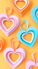 Blue and pink hearts on orange vertical background. Valentine's day, love, passion, relationship concept