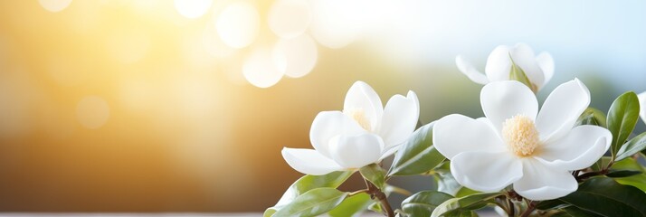 White gardenia blossom on isolated magical bokeh background with copy space for text placement