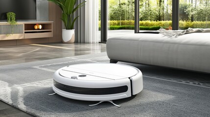 Smart home robot vacuum cleaner in modern white living room for automated cleaning and maintenance. - obrazy, fototapety, plakaty