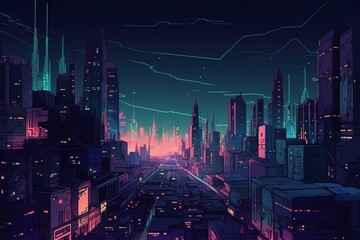 Nighttime illustration of a futuristic urban landscape. Generative AI