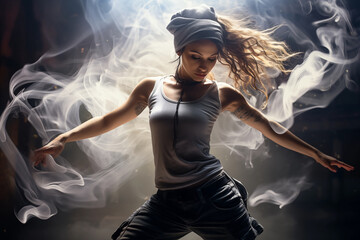Beautiful girl dancing on a dark background in smoke.