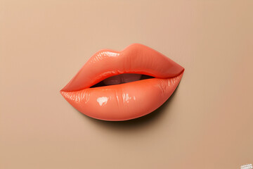 Peach Fuzz Perfection: Luscious lips painted in a glossy peach shade, symbolizing allure and femininity