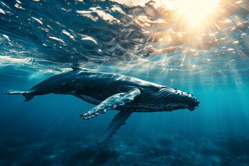Majestic humpback whale gracefully gliding through the depths of the mesmerizing ocean waters
