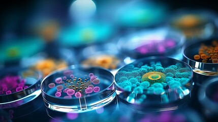 High resolution macro close up of bacteria and virus cells in a scientific laboratory petri dish - obrazy, fototapety, plakaty