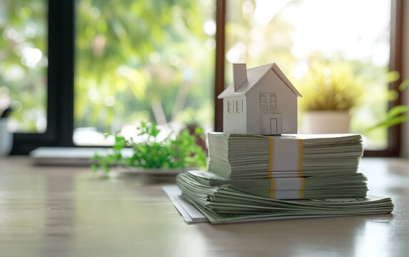 Closeip image of toy house on stacked of money with copy space. Home financing, ownership and savings money concept.