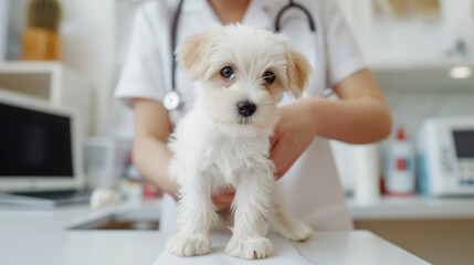 Adorable terrier puppy at the veterinarian. Veterinary examination of dog