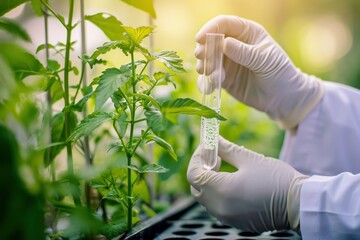 Agriculture nature growth science researcher eco chemical laboratory, farming organic researcher hands holding test tube research sample organic agriculture laboratory product