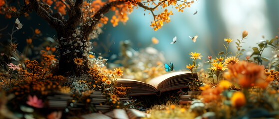 Beautiful header of a fantasy forest with trees, flowers, butterflies and an open book. Book day concept. Wonderland, education, literacy, knowledge and dreaming concept. - obrazy, fototapety, plakaty