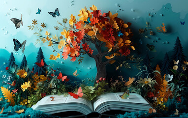 International book day concept with beautiful paper art forest and books. Literacy, education, eco life, knowledge, climate change. World earth day concept. Save the planet.