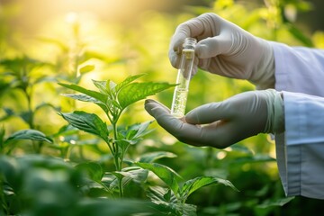 Agriculture nature growth science researcher eco chemical laboratory, farming organic researcher hands holding test tube research sample organic agriculture laboratory product