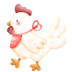 White rooster and chicken cartoon wearing scarf on white background watercolor illustration