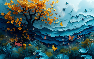 International book day concept with beautiful paper art forest and books. Literacy, education, eco life, knowledge, climate change. World earth day concept. Save the planet. - obrazy, fototapety, plakaty