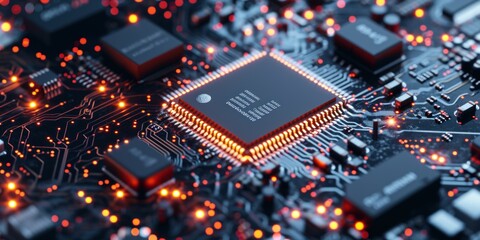 Fototapeta na wymiar Circuit Board CPU Processor Microchip Starting Artificial Intelligence Digitalization of Neural Networking and Cloud Computing