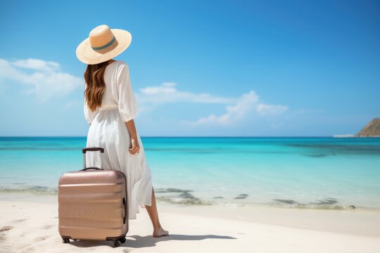 A beautiful woman with luggage on a tropical beach 