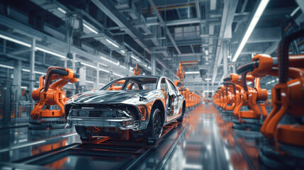 A futuristic car factory that operates 24/7 with minimal downtime