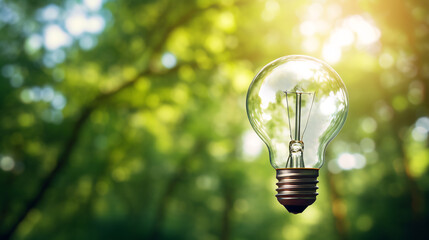Light bulb on forest background, sustainability, renewable green energy and idea concept. - obrazy, fototapety, plakaty