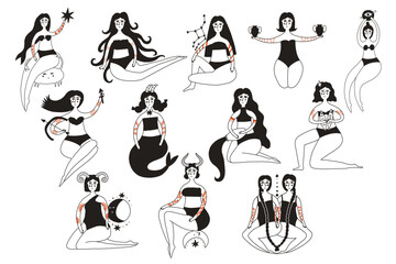 Folk women zodiac sign set illustration