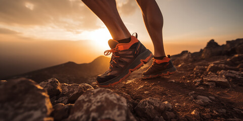 A close-up image of running feet in trail sneakers. - obrazy, fototapety, plakaty