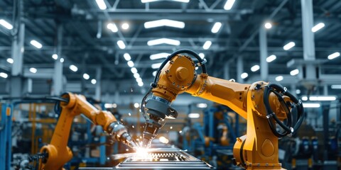 Industrial welding hand robots in manufacturing production lines plants