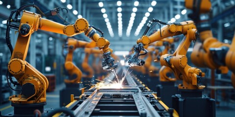 Industrial welding hand robots in manufacturing production lines plants