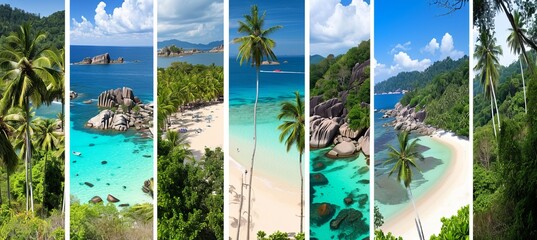 Serene beach collage divided by white vertical lines with bright light white segments