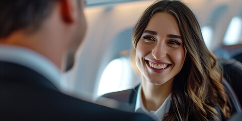 Pretty smiling air hostess looking talking to businessman - obrazy, fototapety, plakaty