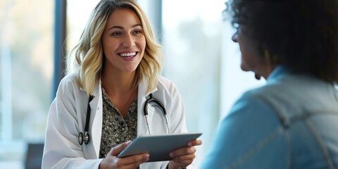 Shot of a young female doctor using a digital tablet during a consultation with a senior woman patient