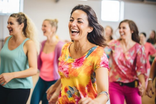 A photo realistic image of a group of ladies dancing and having fun in a salsa lady styling workshop. The ladies are wearing gym clothes, happy and girly colors. 