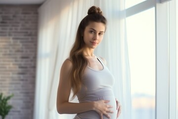 A portrait of a beautiful young pregnant woman with athletic sport outfit for yoga and pilates touching her belly with a baby at home in the morning 