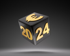 Black cube with  golden 2024 and Euro symbol floating on dark background - 3D illustration