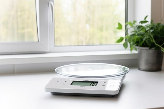 A weighing scale sits on a clean, white countertop, ready to measure and provide accurate weight readings for various objects, sweeping panorama, photo grade, 4K, 