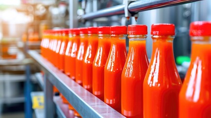Inside a Mexican Factory, the Hot Sauce Production Line Showcases the Bottling of Flavorful and Spicy Chili Pepper Sauces, Crafted for Culinary Excellence	