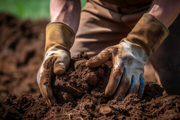 Man wearing glove working in garden mixing soil, sustainability and soil fertility concept.