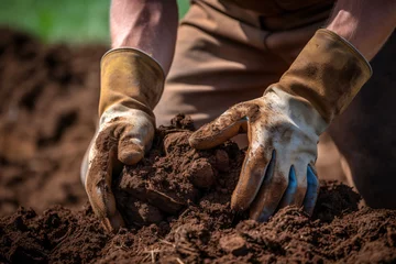 Poster Man wearing glove working in garden mixing soil, sustainability and soil fertility concept. © Sunday Cat Studio
