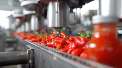 Gordijnen Inside a Mexican Factory, the Hot Sauce Production Line Showcases the Bottling of Flavorful and Spicy Chili Pepper Sauces, Crafted for Culinary Excellence  © Mr. Bolota