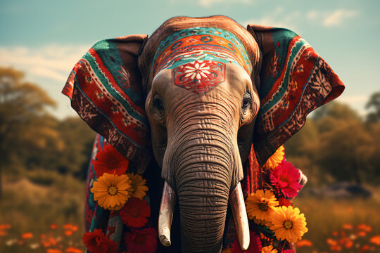 elephant with a beautifully flower scarf