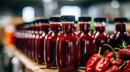 Inside a Mexican Factory, the Hot Sauce Production Line Showcases the Bottling of Flavorful and...