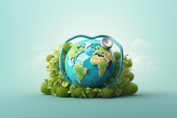 World Globe and Stethoscope with world earth day and world health day concept green plants background
