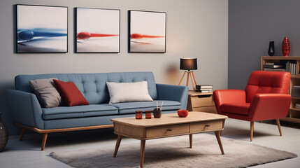 Chic living room interior design in red and blue, stylish modern contemporary livingroom.