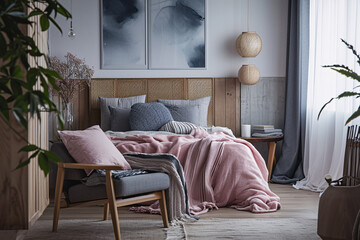 Feminine bedroom in pink and grey colour, cozy and chic bedroom interior design.