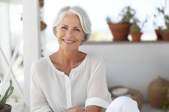 Happy senior woman looking into the camera for relax and free time at home living room, in the style of dark silver and light beige,