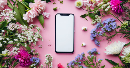 A modern smartphone with a blank white screen mock-up surrounded by delicate colorful Spring flowers on a soft pink background. For Springtime Holidays app promos and presentations.