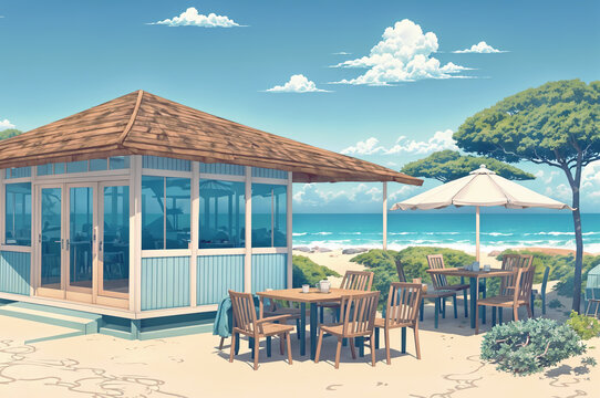 A beach cafe with tables and chairs, set on a sandy beach with the sea in the background.