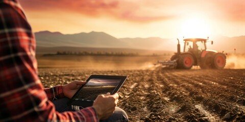 Agriculturist hands using a computer tablet to control a tractor tilling the field, a tiller and...