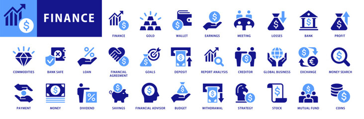 Finance icon set. Vector illustration. Profit, Bank, Losses, Money, Coins, Earnings, Wallet, Finance Icons. Flat Style Dual Color Icon Collection