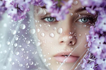 Schilderijen op glas Beauty fashion model girl with lilac flowers hairstyle. Close-Up of Woman's Face. Luxury fashion style. lilac and violet colors. © Nataliia_Trushchenko