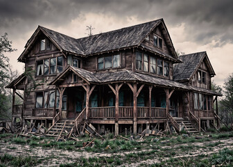 Old abandoned spooky haunted house. Halloween and horror concept. 